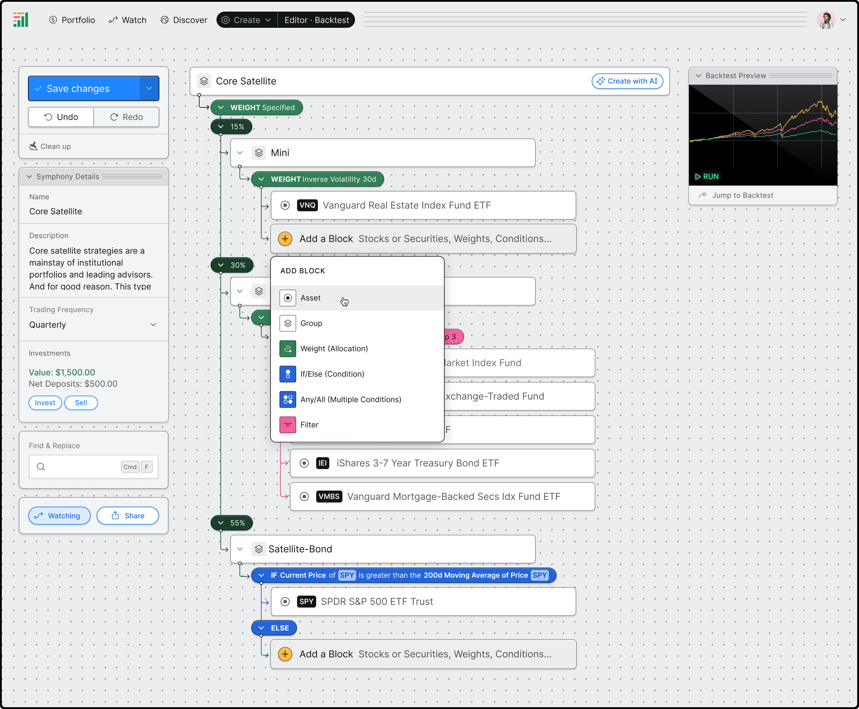A mockup of the strategy editor, showing how a strategy is built with a mix of specified and dynamic weights, filters and conditional statements, along with a preview of the backtest results.